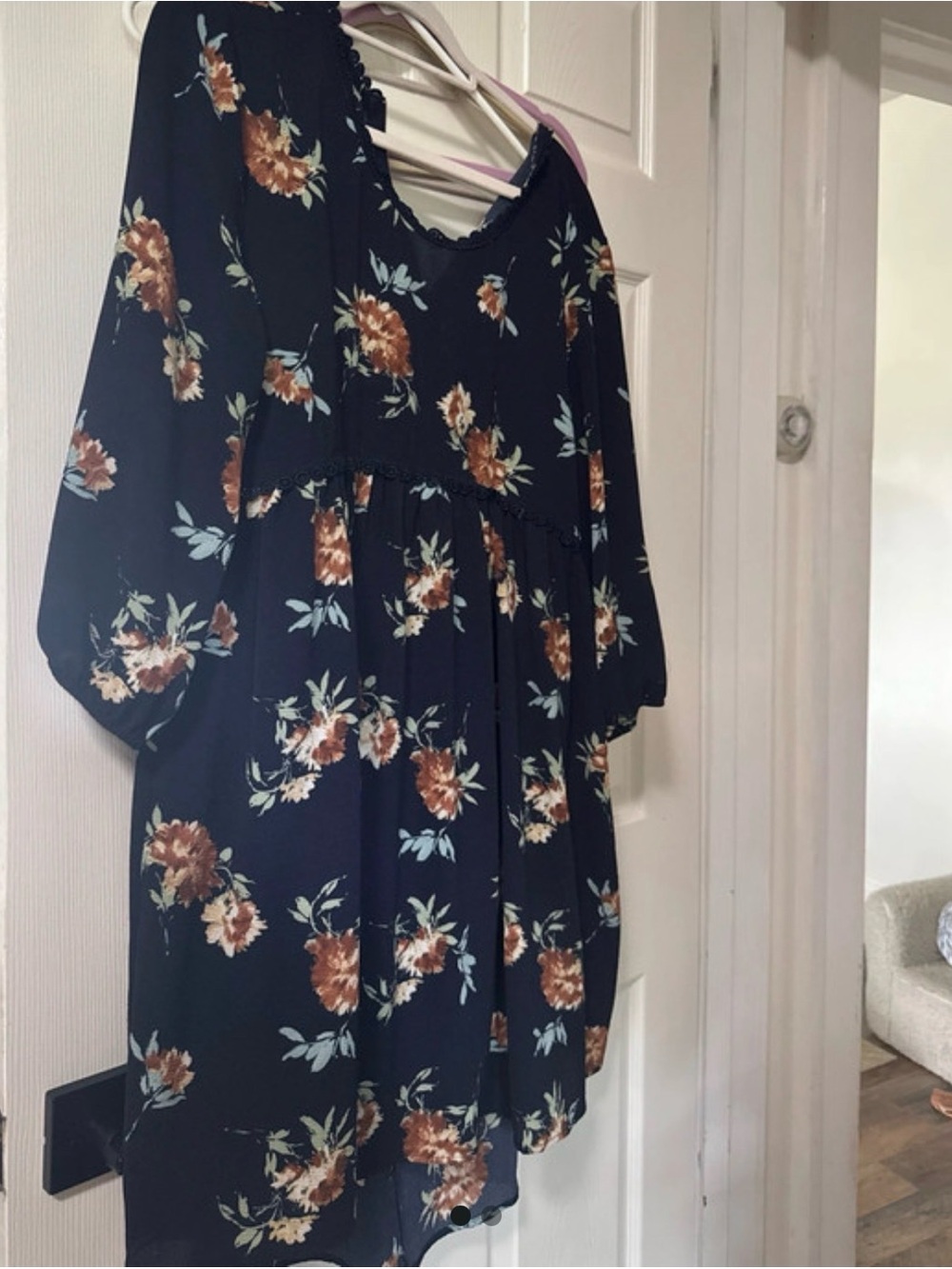 JODIFL Navy Floral Long Sleeve Babydoll Dress